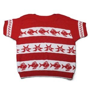 Knitmakers Nautical Fish Starfish Sweater 2X Red White Short Sleeve VTG Coastal